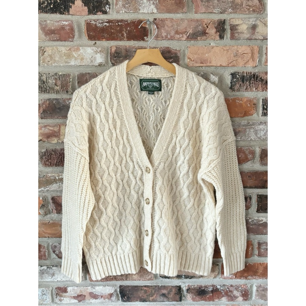 American Eagle Cream Cable Knit Cardigan Sweater, XS